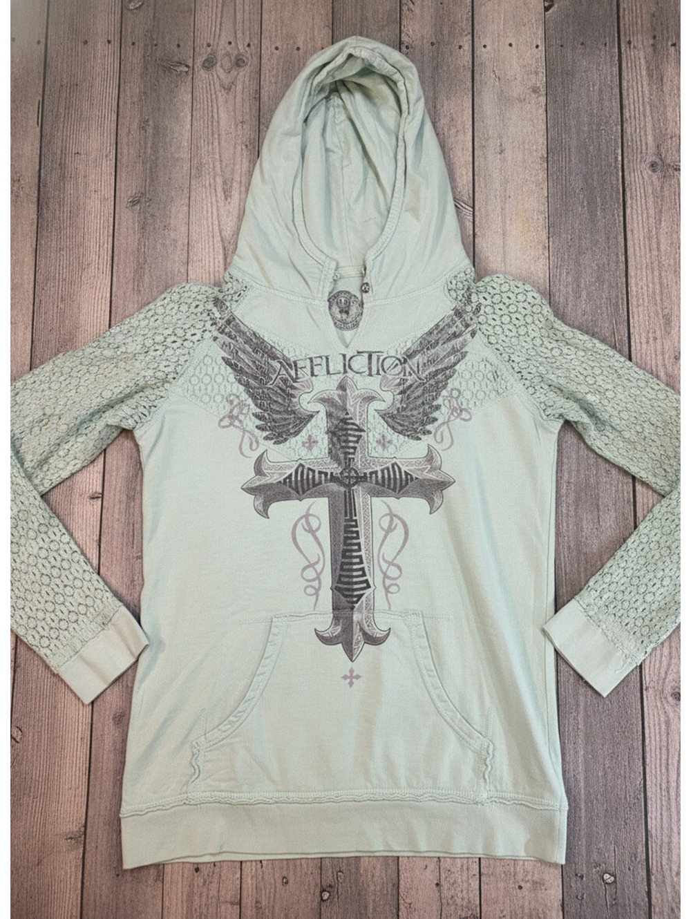 Affliction Women's Large Hoodie with Lace Sleeves and Graphic Print